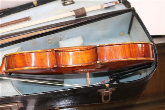 A 19th century violin with makers label C Nicholson of Leith, Edinburgh , cased with bow